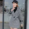 Houndstooth Viintage Woolblend Coat Dames Winter Turn-Down Collar Belted Koreaanse Mode Dames Buitenjas Overjas Femme 210518