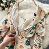 NAPOE Vintage Mizaç Baskı Elbise Kadınlar Yüksek Bel Kalça Bir Çizgi Ince Vestidos Plise Tasarım Yaz Baskı Uzun Kollu Robe 210510