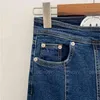 Qooth Pantaloni a vita alta in denim classico a doppio petto a vita alta Pantaloni in denim slim skinny semplici a tutto tondo QT455 210518