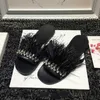 Arqa femmes luxe véritable fourrure plume glisser sandales strass orné sans lacet chaussures de plage Q0508