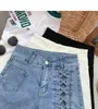 2022 Pantaloncini larghi in denim a vita incrociata con lacci da donna Per la versione coreana estiva da donna, pantaloni caldi skinny A-word versatili