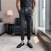 Wysokiej Jakości Męskie Spodnie Brytyjskie Dress Business Sukienka Spodnie Casual Office Wedding Spodnie Czarny Szary Streetwear Kostium Homme 210527