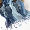 Scarves Gradient Blue Color Linen Soft Women Tie Dyed Ethnic Design Scarf Summer Travel Sunscreen Long Shawl 60x185cm