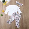 $50-25 0-5Y printemps fleur enfant en bas âge enfant filles vêtements ensemble volants hauts blancs nœud pantalon tenues 210515