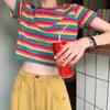 Manga Curta Impresso Rainbow Camiseta Mulheres Listrado Sweet Colheita Top Verão Solto Coreano Lazer Lazer Meninas T-shirt Sexy Streetwear Ulzzang Bonito Mulheres