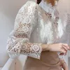 Этническая одежда 2021 сладкий выдолбленный кружевной пэчворк женская блузка воротник стенд Blusas цветок верхняя кнопка рукава лепесток белая рубашка J3D6
