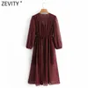 Zevity Women Vintage V Neck Plues Puff Sleeve Leopard Drukuj Midi Sukienka Lady Striped Casual Slim Retro Party Vestido DS4730 210603