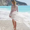 White Beach Cover Up Geometric Hollow Out Lace Patchwork Sexy Deep V-neck Flared Sleeves Tunic Dress Bathing Suit 210604