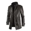 Mens mid-length leather jacket with stand-up collar plus velvet large size mens belt warm and windproof PU jacket