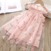 1-6t baby barn tjejer klänningar toddler tjej sommar mode söt broderad ärmlös spets mesh prinsessan klänning barn kläder Q0716