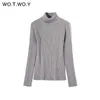 WOTWOY Ribbed Knitted Turtleneck Sweater Women Autumn Winter Slim Fit Basic Pullover Female Long Sleeve Black White Jumper 210914