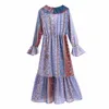 여성 여름 빈티지 인쇄 드레스 ZA 계단식 프릴 V 넥 여성 우아한 패션 A 라인 느슨한 드레스 Vestidos 210513