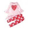 Saint valentin beaux enfants bébé filles vêtements ensemble décontracté évasé à manches longues col rond coeur imprimé hauts taille élastique pantalon