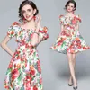 LLZACOOSH Summer Elegant Off Shoulder Puff Sleeve Women Beach Boho Petal Buttons Elastic Waist Floral Print Mini Dress 210514