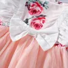 Sommar Bowknot Flower Print Net Garn Stitching Dress Mesh Princess Barnens Es Kids Kläder Tjejer 210528
