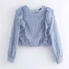 Femmes élégantes O cou à manches longues volants en cascade Casual Blouse Blouse Chemises Boutons arrière Pompon Blusas Chic Tops LS6205 210420