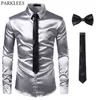 Black Mens Silk Dress Shirts 3pcs (skjorta + slips + bowtie) Smidig satinskjorta Män Slim Fit Party Prom Casual Shirts Män Social Camisa 210629