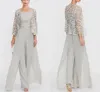 Två stycken Jumpsuits Mother of the Bride Dresses With Lace Jacka Silver Grey Chiffon Long Evening Party Gowns Pants Pantsuits Plus Size2523