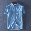 Schinteon été 100% coton hommes à manches courtes Denim mince chemise doux Slim jean grande taille deux poches avant 210809