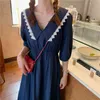 Femmes Navy Blue Col V-Col V-Manches Solid Empire Midi Long Robe Jeune Style Summer D2471 210514
