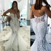 2021 Arabiska sjöjungfrubröllopsklänningar Brudklänningar Pärlor Beading Tulle Sweetheart Ärmlös Illusion Sheer Lace Appliques Plus Size Vestidos de Novia