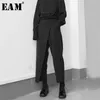 [Eam] taille haute élastique noir bref plissé pantalon long pantalon coupe ample mode printemps automne 1S430 210721