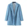 Blue Plaid rafelige rand tweed jas jas vrouwen revers dubbele breasted dames lange mouw uitloper blazer 210430