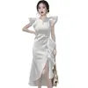 Summer Women Fashion V Neck White Ruffles Club Irregular Dress Sexy Sleeveless Midi Length Celebrity Runway 210506