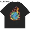 Gonthwid Tshirts Streetwear Fire Flame Earth T-shirts Harajuku Mens Hip Hop Casual Cotton Short Sleeve Tops Tees 210629