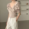 Chic Elegant Puff Sleeve Vrouwen Blouses Zomer V-hals Lace Up Short Shirts Tops Solid Casual Chiffon Blusas Femme 14277 210427
