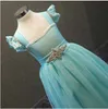 wholesale baby girl lace puff sleeve tulle dress elegant children mid-calf with rhinestone waistline 5pcs/lot 210529