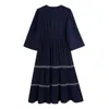 Summer Bohemia Ethnic Round Neck Embroidery Flower Dress Hippie Women 3/4 Sleeve Loose Midi Long Dresses Holiday 210429