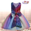 Baby kids meisjes prinses jurk + hoofdband 1e 2 jaar verjaardagsfeestje regenboog tutu doopjurk lovertjes doopkleding q0716