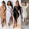 Women's Sexy Hollow Out Cross Lace-up Dress Long Sleeve O-Neck Skinny Solid Color Spliting Hem For Party Clubwear