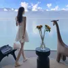 Yaz kadın Sundresses Seksi Backless Beyaz Plaj Elbise Kanatları Tatil Şifon Kayışı 210514