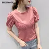 Coréen Rose Blanc Tshirt Tops Femmes Vêtements Summer Tees Coton Puff Sleeve Slim T-shirt Tee Top Vetement Femme Camisetas 210520