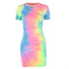 Rainbow Neon Tye Tye Sexy Camiseta Dres Verão Roupas Moda Manga Curta Mini Bodycon Vestidos 210623