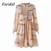 Floral Print Lange Mouw Lente Herfst Chiffon Jurk Dames O-hals Australië Strand Korte Vintage Boho Mini 210427