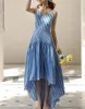 Diseñador elegante azul rayado correa de espagueti verano asimétrico maxi vestido volantes vacaciones fiesta playa bata mujer 210421
