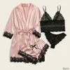 4Pcs Summer Sleepwear Sexy Camisole Pajamas Woman Robe Set Lace Satin Wireless Bra Shorts Bow Ladies Dressing Gowns