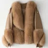 Luxe réel fourrure de renard manteau en peau de mouton dames femmes Patchwork en cuir véritable veste courte pour automne hiver vêtements d'extérieur chauds Q0827