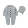 Infant Baby Boys Girls Pure Color Rompers Clothes + Hat 2PCS Children Boy Girl Kids Knitting Long Sleeve 210429