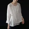 Johnature Style chinois chemises pour femmes bouton Ramie Blouses printemps blanc à manches longues col rond irrégulière femmes chiffons 210521