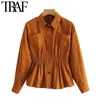 女性のファッションポケットのファッションサファリスタイルのジャケットコートビンテージラペルカラー長袖女性アウターウェアシックトップ210507