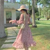 ピンクのエレガントな花のドレスの女性秋のプリントシフォンパーティーミディド​​レス女性のカジュアルデザイナー韓国の甘いドレス2021春Y1204