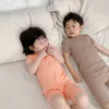 Summer kids solid color cotton Pajama Sets boys girls soft casual leisure wear children short sleeve clothes sets 210508