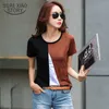 한국 의류 하라주쿠 티셔츠 플러스 사이즈 여성 짧은 사무실 레이디 O 넥 여자 의류 슬림 티셔츠 2570 50 210528