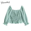 Yitimuceng Dobras Blusa Camisas Camisas Suff Schaple Collar Manga Longa Slim Sólida Primavera Verão Coreano Fashion Tops 210601