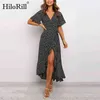 Kvinnor lång maxi klänning sommar v nacke sexig split beach wrap klänningar damer ruffle kort ärm casual sundress robe 210508