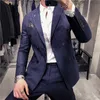 (Jacka + väst + byxor) Mode Mens Dubbelbröst Stripe Casual Business Suit Social Formell Suit 3 st Set Groom Wedding X0909